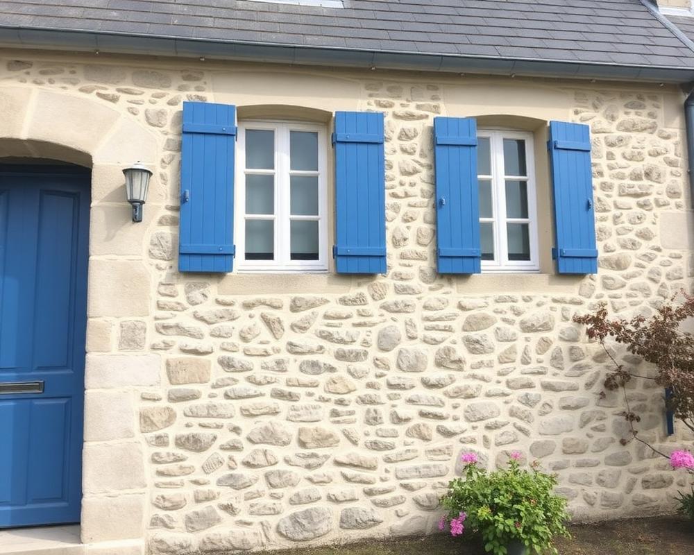 Façade bretonne avec volets bleus